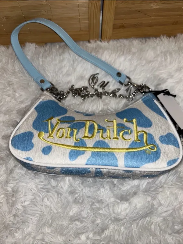 Von Dutch blue white cow print shoulder bag with chain charms purse tote handbag - Image 2