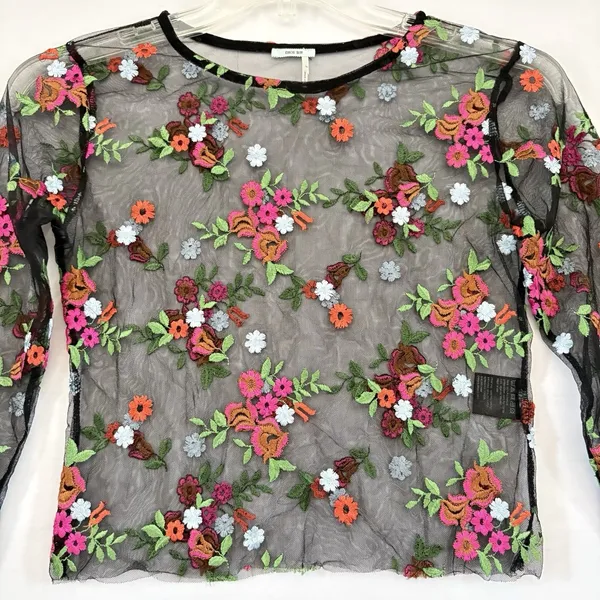 Kimchi Blue Womens Black Sheer Floral Embroidered Long Sleeve‎ Blouse Top Small - Image 2