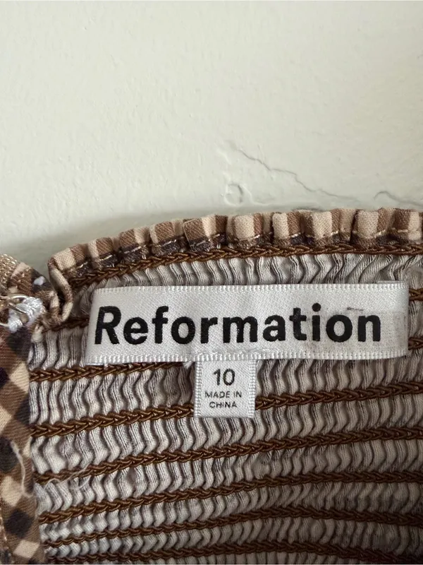 Reformation Jeune Dress Size 10 Brown White Gingham Ruffle Mini Dress - Image 4