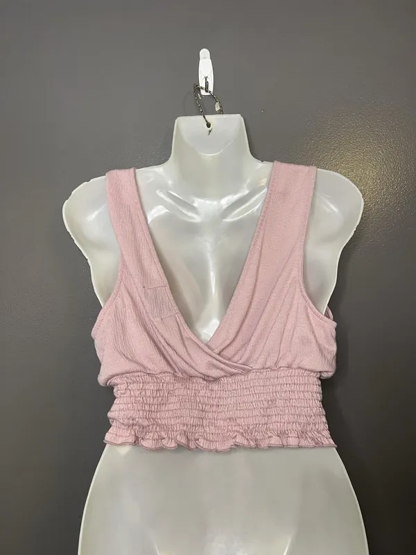 Urban Outfitters Tank Top Womens Medium Pink Deep V Neck Smocked Cropped - Image 4