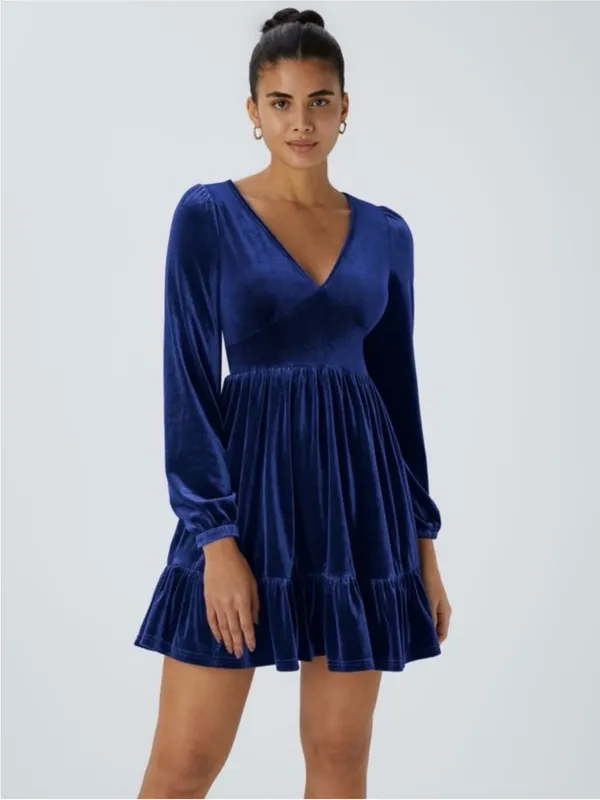 Halara Royal Blue Velvet Deep V Neck Long Sleeve Ruffle Hem Dress Size Small NEW - Image 2
