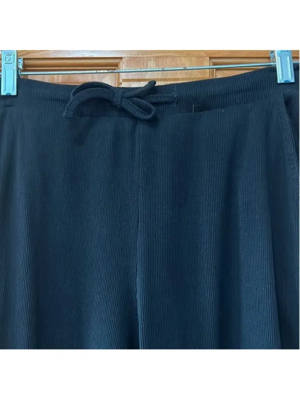 Zara Black Ribbed Wide Leg Drawstring Pants Medium - Image 2