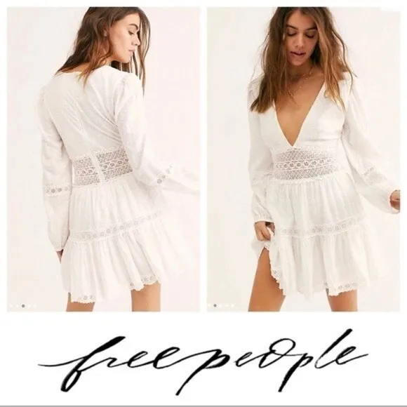 Free People Ponderosa Mini Dress Womens 4 Ivory Boho‎ Lace V-Neck OB1084337 - Image 4