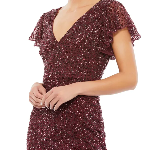 Mac Duggal Sequin V Neck Flutter Cap Sleeve Trumpet Dress Garnet‎ NWT - Image 3