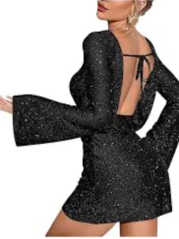 New! Black Sparkly Sequin Backless Tie Mini Long Sleeve mini dress - Image 2