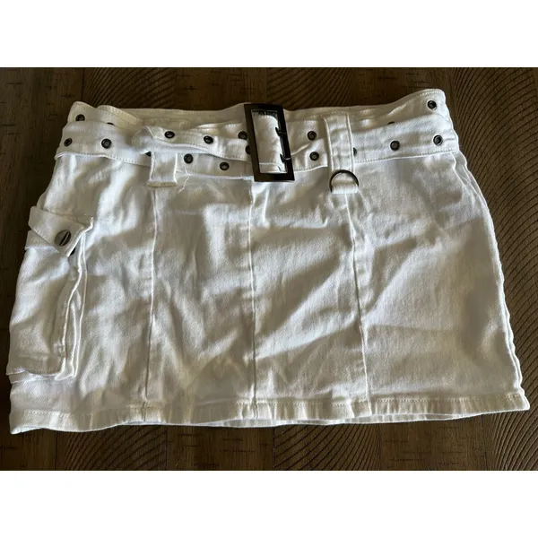 Edikted White Denim Cargo Mini Skirt Y2K Belted Utility‎ Festival Size L XL - Image 4