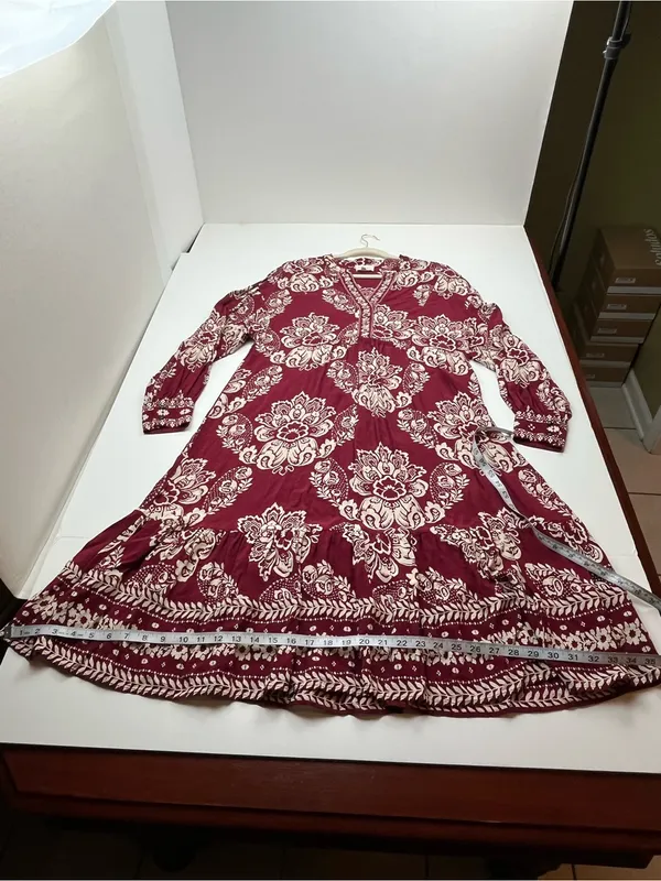 Sézane Boheme Burgundy Red Cream Boho Floral Long Sleeve Midi Maxi Dress‎ Medium - Image 9