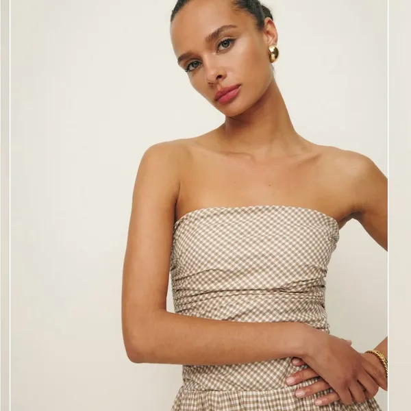 Reformation Clea Anzo Check Strapless Beige Gingham Bubble-Hem mini dress, 6 - Image 3