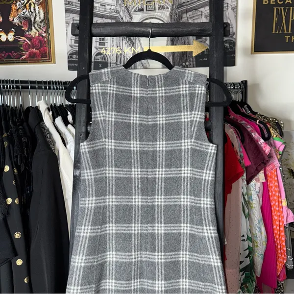 Theory Gray Plaid Wool-Blend Cashmere Sleeveless Shift Mini Dress 00 Preppy - Image 6