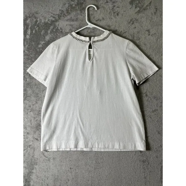 Maeve Anthropologie White Cotton Embellished Bow Neck Short Sleeve Top Small - Image 3