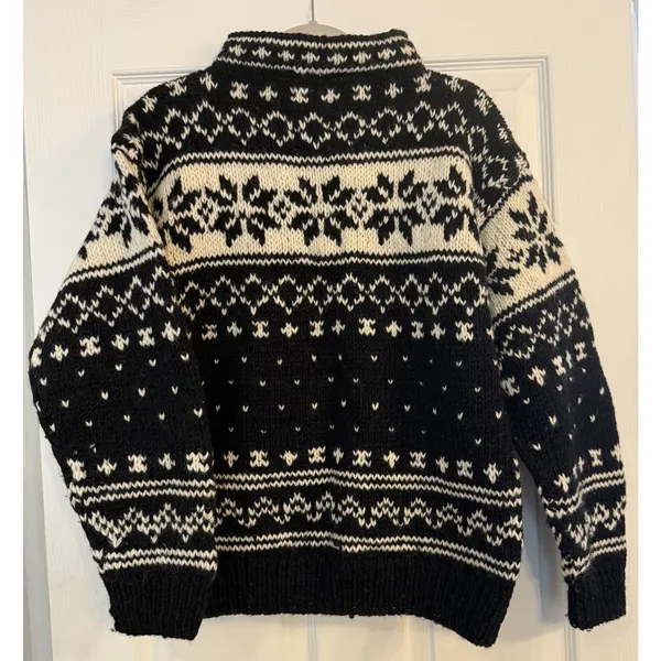 VTG 100% Wool Sweater XS Nepal 1/4 Zip Snowflakes Thick Fisherman Cozycore Cabin - Image 2