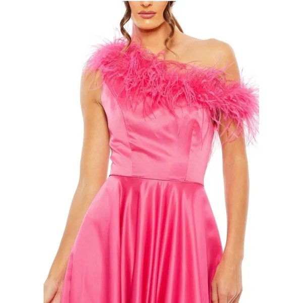 NWT Mac Duggal 11684 Hot Pink Satin Feather One Shoulder A-Line Gown Size 6 $598 - Image 2
