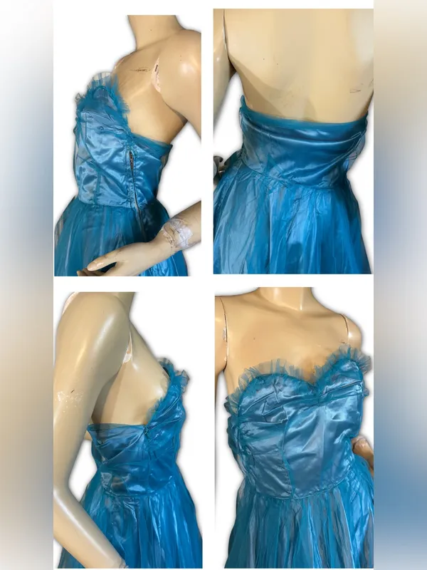 Vintage 1950'S Turquoise Blue Satin & Tulle Strapless Party Dress (Xs) - Image 8