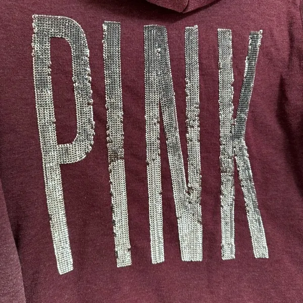 PINK Victorias Secret Maroon Silver Logo Sequin Bling Hoodie Zip Sweater Medium - Image 6