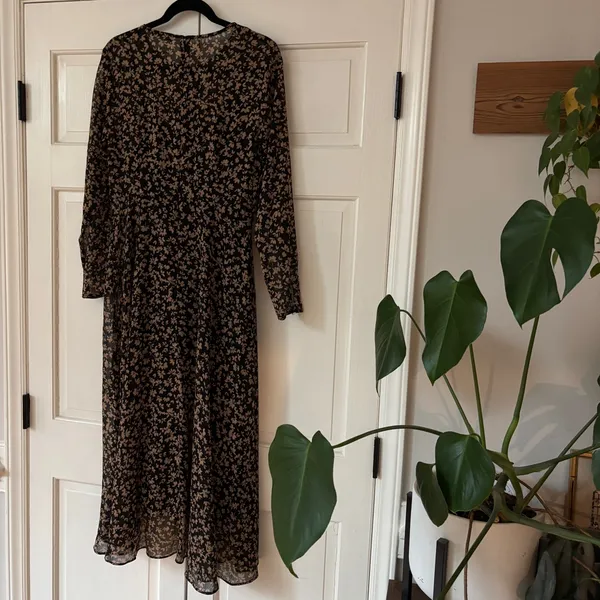 Tommy Hilfiger Crossover Hem Black Tan Floral Midi Dress‎ Sheer Chiffon Size 8 - Image 13