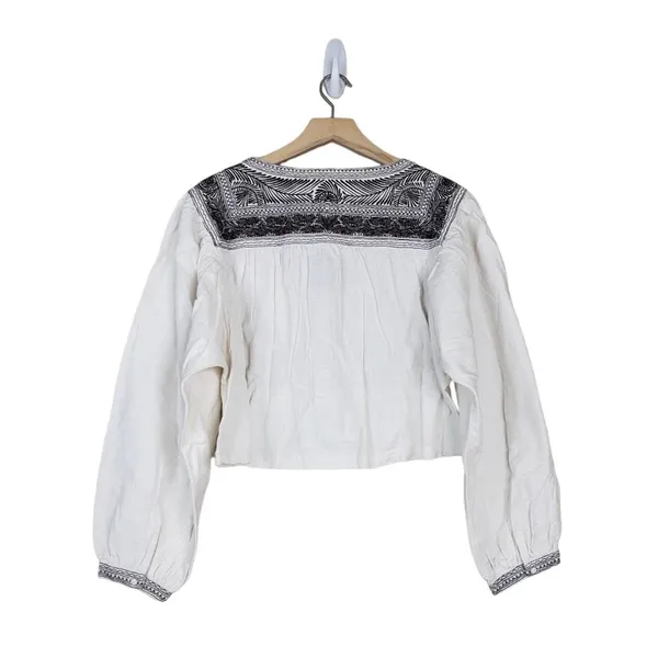Free People Womens M Iggie Embroidered Blouse in Ivory/Black Bean NEW - Image 3