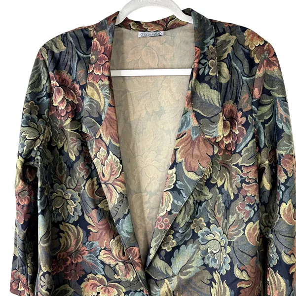VTG Copy Cats Vintage Brown Tapestry Floral Suede Oversized Blazer Jacket Large - Image 3