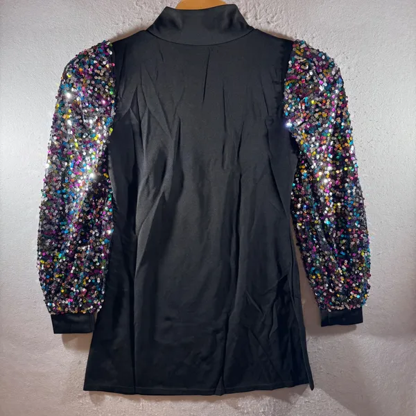 1462 | NEW Sequin Puff Sleeve Mini Cocktail Dress Bodycon Black‎ Large NYE Glam - Image 2