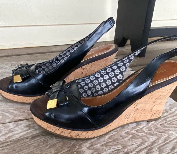 SPERRY TOPSIDER SOUTHAMPTON patent leather cork wedge slingback front bow shoes - Image 3