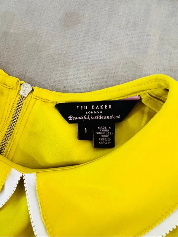 Ted Baker London Yellow Peter Pan Collar Quarter Zip Back Blouse Size 1/Small - Image 7
