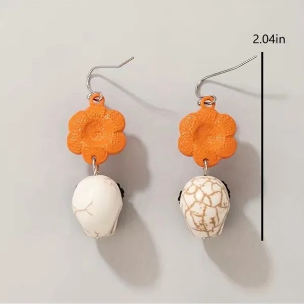 Skull Orange Flower Black Rose Eyes Drop Dangle‎ Earrings Faux Fashion Jewelry - Image 7