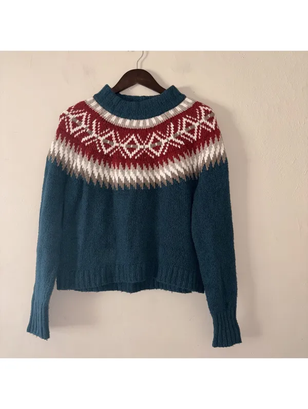 American Eagle Fair Isle Yoke Sweater - Teal Blue - Size M - Cotton Blend - Image 2