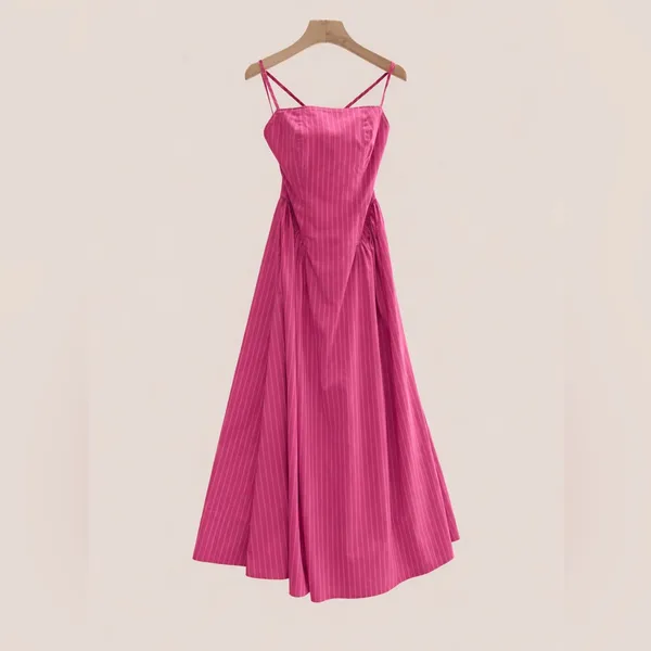 Pistola Sadee Open Back Midi Dress Magenta Pink Stripe Cotton Summer Sundress L - Image 9