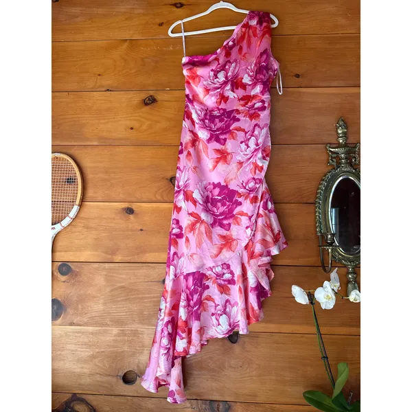 NWT Lulus Divinely Blooming Pink Multi Floral One-Shoulder Midi Dress Party XS - Image 2