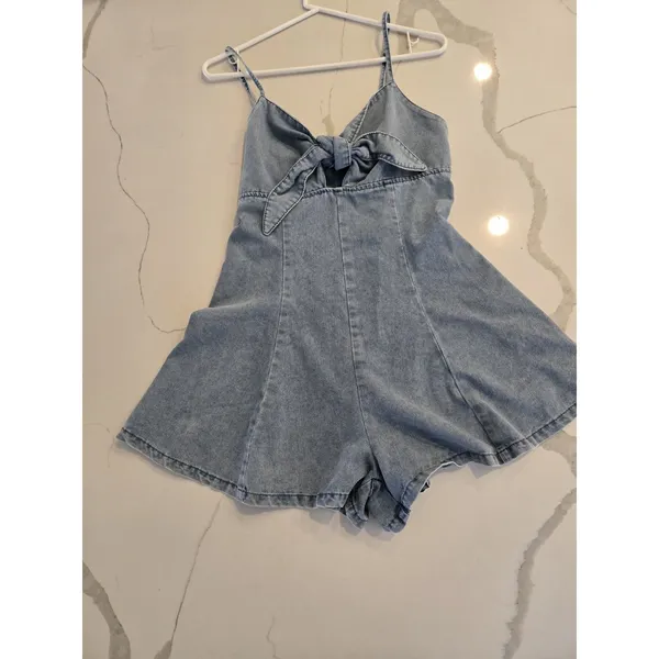 SHEIN Denim Tie Front Cutout Romper Size L Y2K Light Wash Flared Shorts Women - Image 6