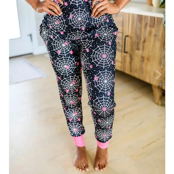 Shirley & Stone Womens Halloween Spider‎ Web Henley Pajama Set Pink Black Medium - Image 3