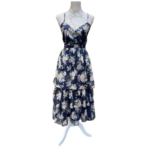 Lulus Cultivate Crushes Navy Floral Print Tiered Ruffled Midi Dress Size S - Image 3