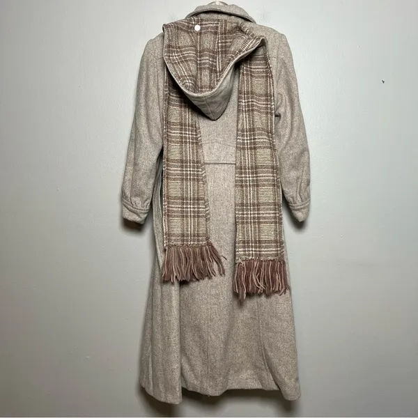 VTG 40s 50s Women Wool Coat Small Tan Longline‎ Hooded Scarf USA Made Lined - Image 8