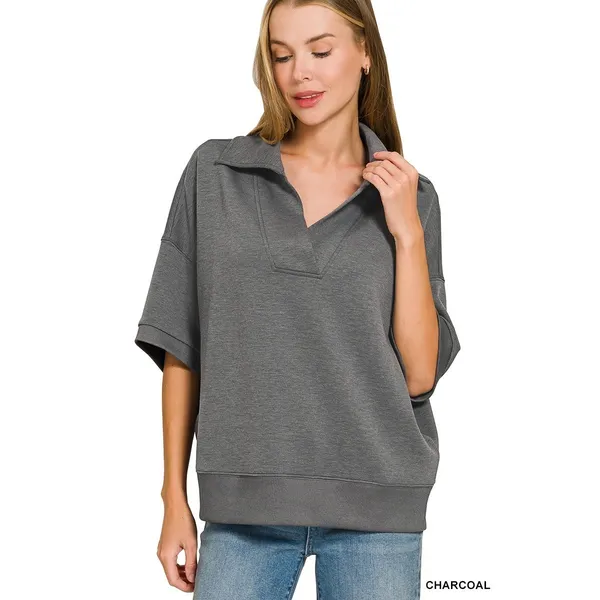 Zenana Scuba Collared Short Sleeve Pullover & Center Seam Pants Set - Medium‎ - Image 8