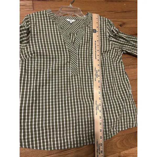 Crown & Ivy Size Medium Checkered Gingham Peasant Blouse Green & White Cotton - Image 7
