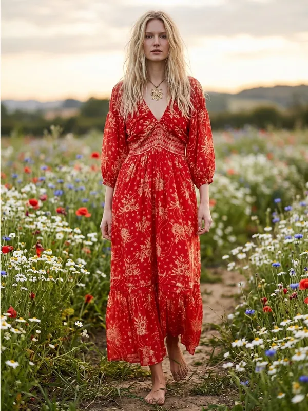 Free People Golden Hour Maxi Dress Cherry Red Medium Bohemian Spring Floral 70s - Image 11