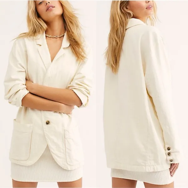 Free People Simply Perfect Linen Blazer Natural Tan Medium Oversized Jacket M - Image 9