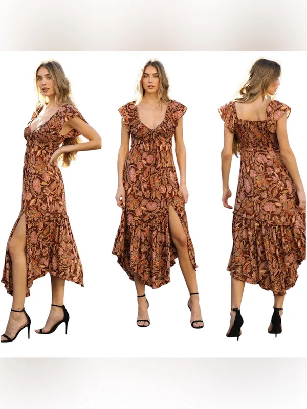 Vintage Angie Autumn Petals Brown Floral Boho Maxi Dress Size Small NWOT - Image 2