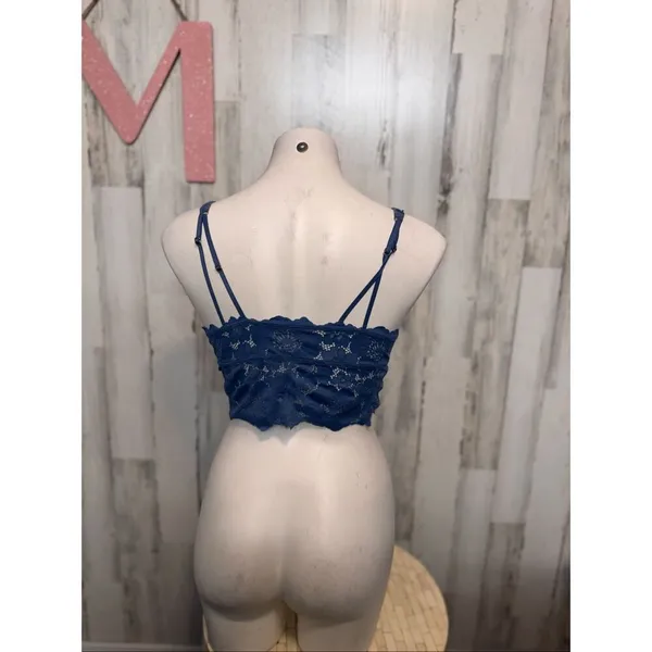 Blue Ribbed Lace Back Bralette Crop Top Medium Blue - Image 4
