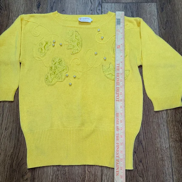 VTG 80s Beldoch Popper Yellow Floral Applique Pearl Knit Sweater Womens M READ - Image 4