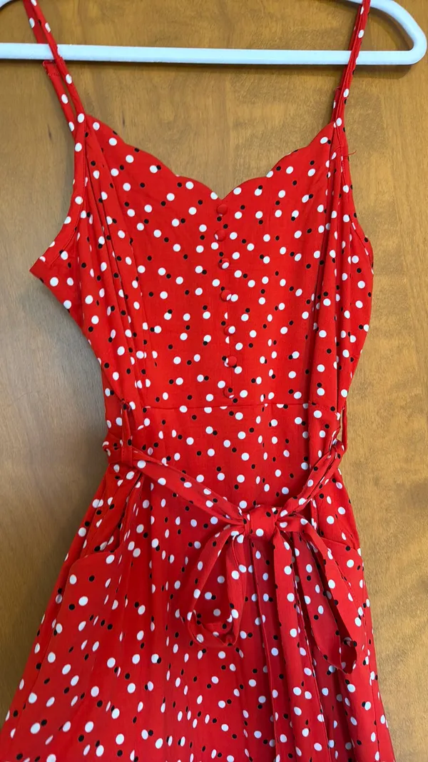 Hawthorne Dress Red Black Cream Polka Dot Stretch Back M - Image 5