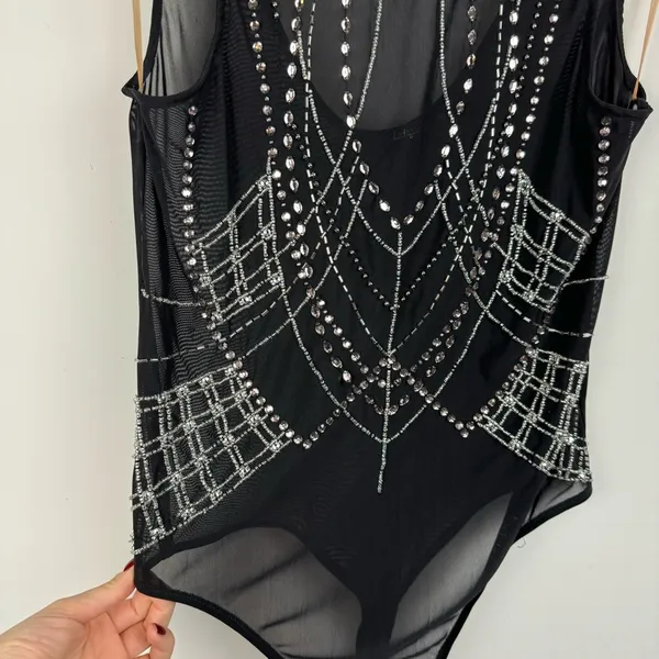 BKE Black Sheer Mesh Bodysuit Sz Large Embellished Jewel Rhinestone Y2K - Image 6