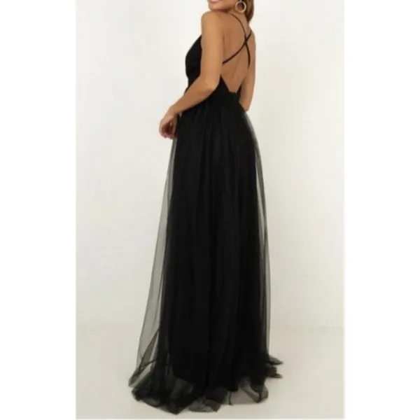 Black Tulle Maxi Dress Plunge Halter Open Back Slit Prom Evening Luxxel S NWT - Image 2