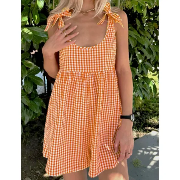 NWOT Women's Orange Gingham Tie Strap Romper Cotton Y2K Overalls Shorts Small - Image 5