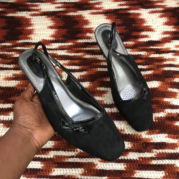 Vintage 90s Y2K Goth Coquette Leather Suede Preppy Ballet Bow Slingback Flats Kitten Heels Pumps - Image 3