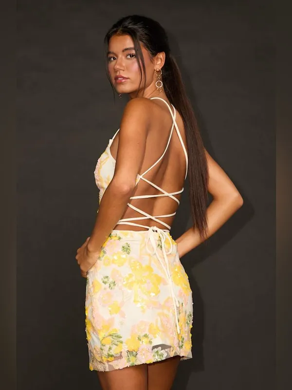 Lulus Mitzy Ivory Multi Floral Sequin Lace-Up Mini Dress Size Small - Image 2