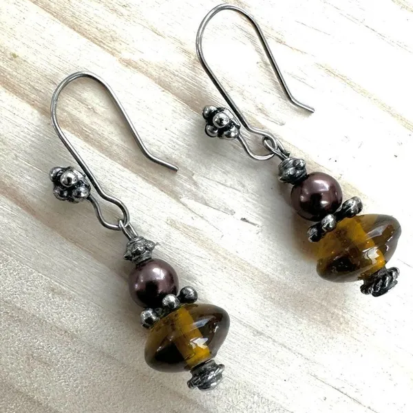 Handmade Boho Amber Glass & faux Pearl Drop Earrings - Image 5