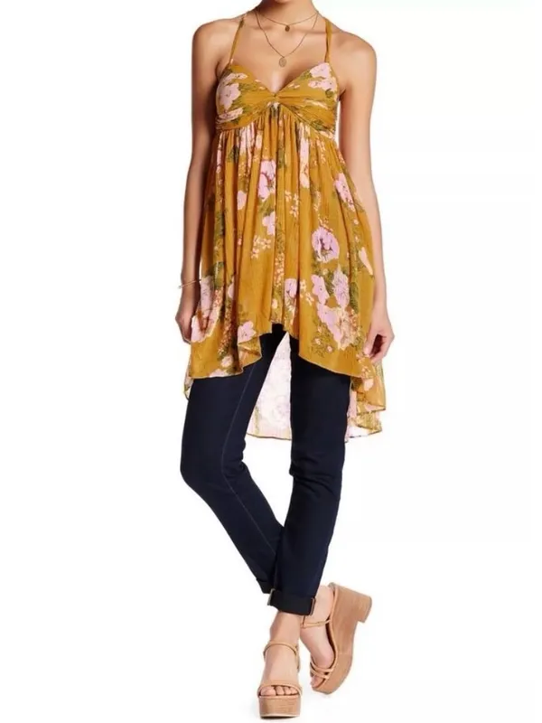 Free People Boho Mirage Yellow Floral Print Hi-Low Tunic Top S - Image 4