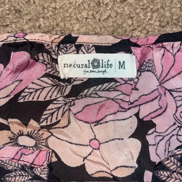 Natural Life Bella Floral Maxi Tiered V-Neck Puff Sleeve Rayon Dress Pink Gray M - Image 8