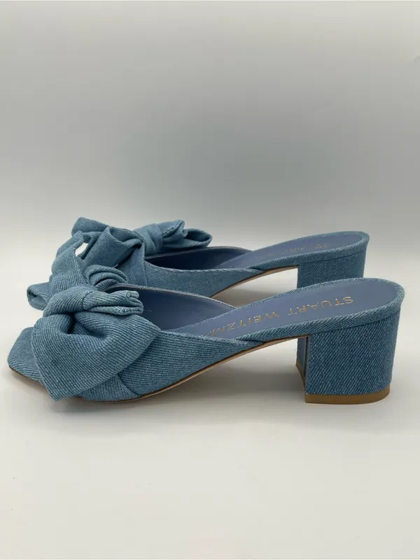 STUART WEITZMAN Love Knot Denim Wash Bow Slide Sandals 50 Block Heel Size 7 - Image 4