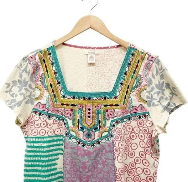 Sundance World Citizen Patchwork Crochet Detail Short Sleeve Top Size Medium - Image 7